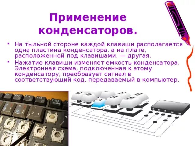 Принцип работы и технические характеристики: клавиатуры. Современная физика и компьютер. В некоторых видах клавиатур используются конденсаторы. Электролитические конденсаторы типы и маркировка. Типы конденсаторов по диэлектрику.