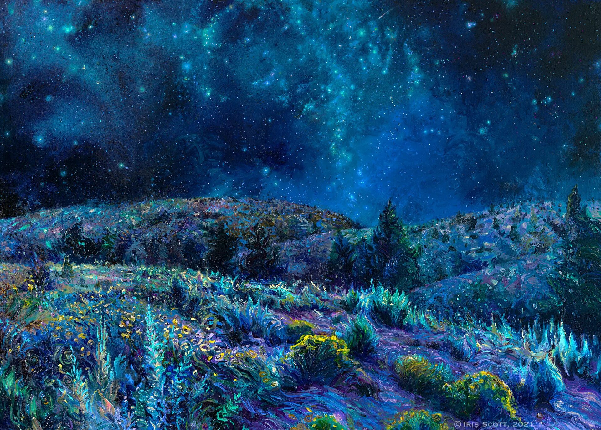 Айрис Скотт (Iris Scott). Картины пейзажи Айрис Скотт. Ночное небо живопись. Звёздная ночь. Художник рисует звездное небо подчеркни в предложении