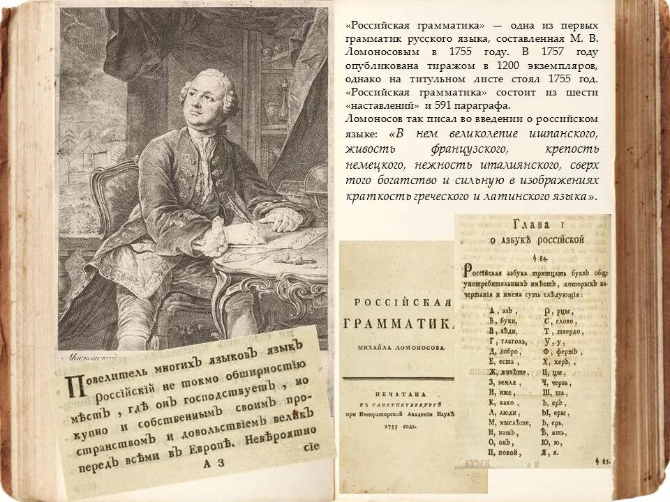 Первые учебные книги ломоносова где были напечатаны. Российская грамматика Ломоносова 1755. Первая Российская грамматика Ломоносова.