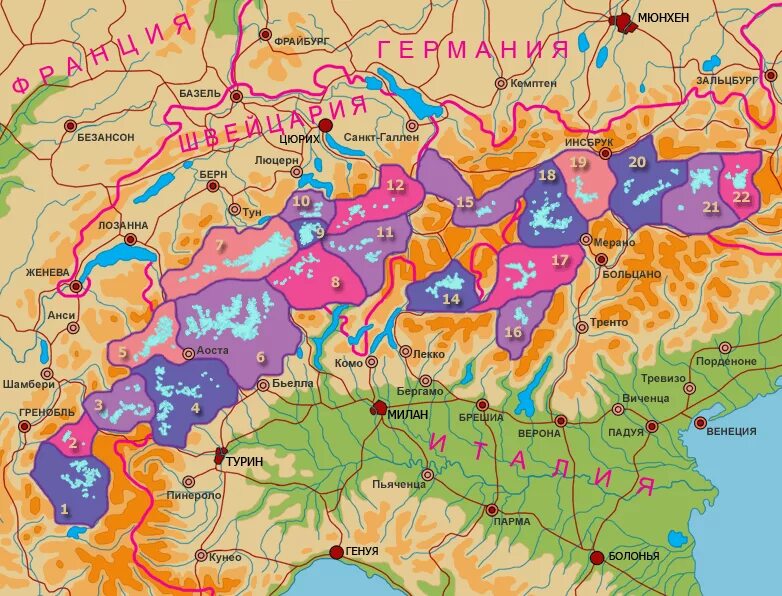 Горы Альпы на физической карте. Альпы гора Монблан на карте.