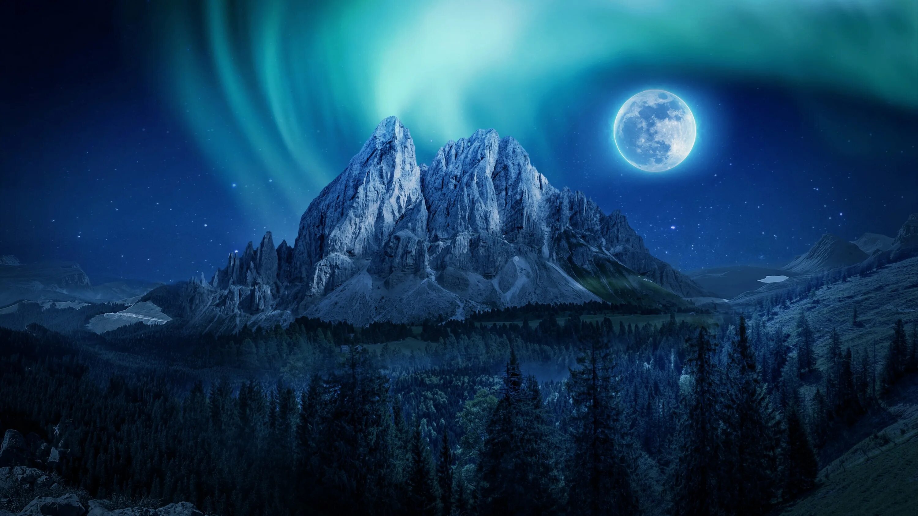 Северное сияние с луной и горами. Лунный пейзаж. Горы на Луне. Горы ночью. Луна живая природа