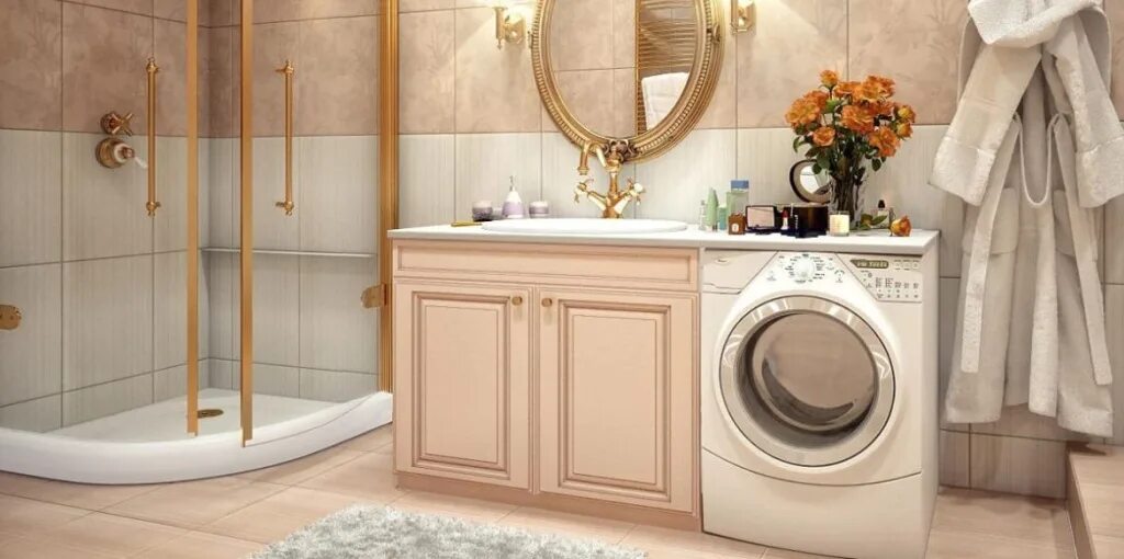 Стиральная машинка деко. Красивые Ванные комнаты. Ванная со стиральной машиной. Ванная в классическом стиле со стиралкой. Стиральная машинка в интерьере ванной комнаты.