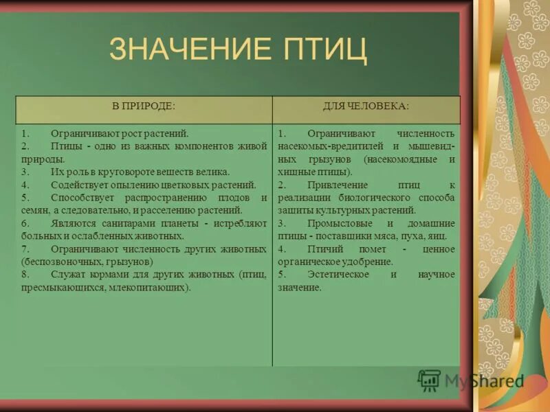 Значение птиц в природе 7 класс