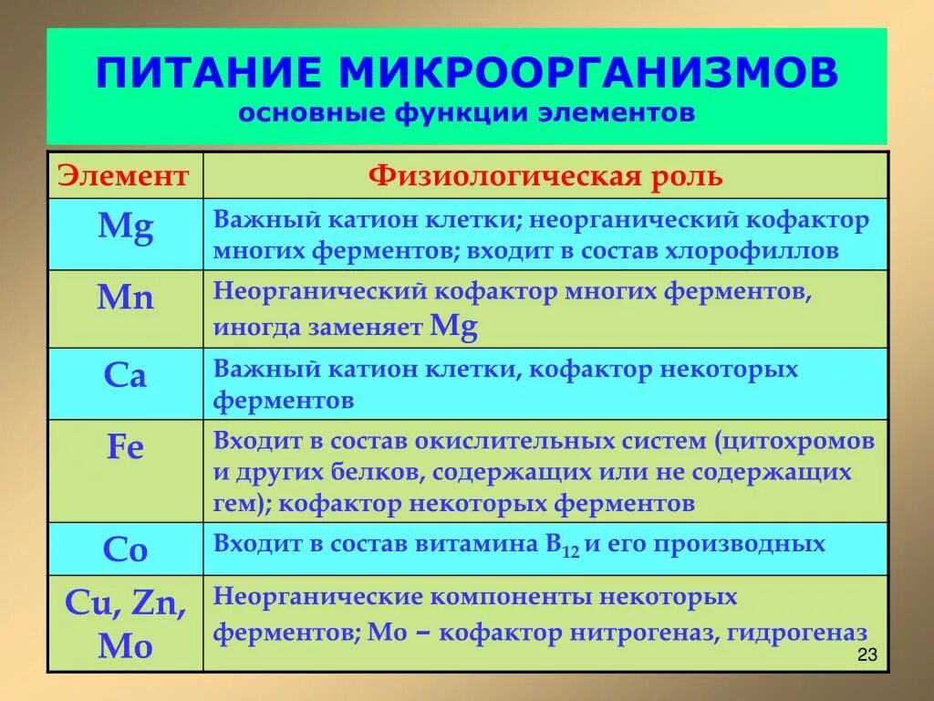 Питание микроорганизмов. Физиологическая роль микроэлементов для бактерий. Микроэлементы, необходимые для микроорганизмов. Физиологическая роль элементов. Группы химических элементов клетки