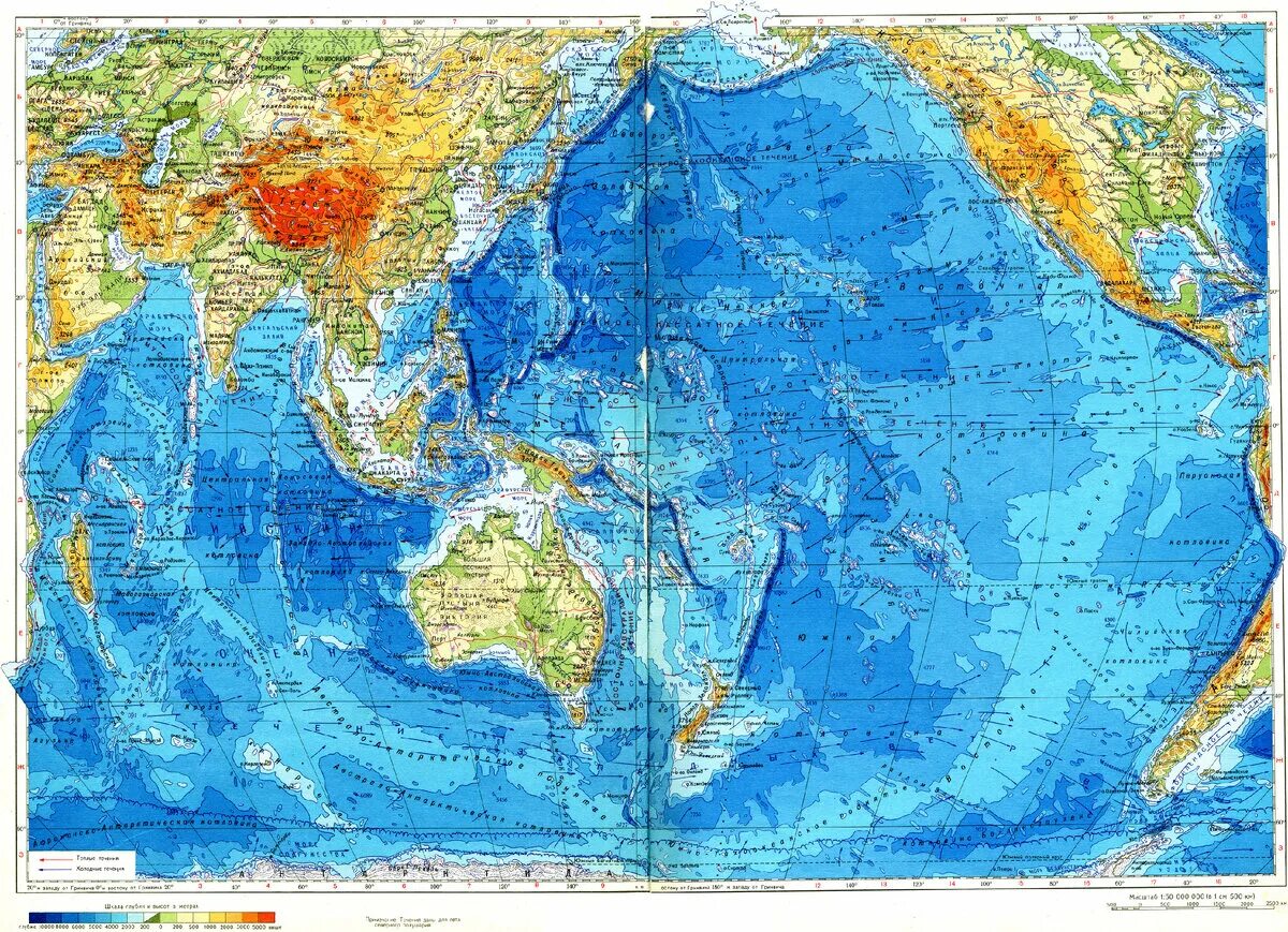 Тихий океан на карте. Физическая карта Тихого океана. Карта глубин Тихого океана.