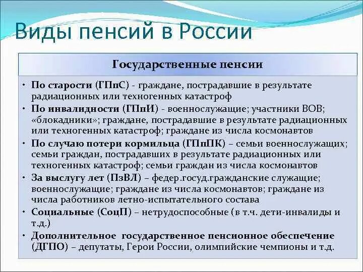 Какие категории относятся к социальной пенсии. Социальная пенсия по государственному пенсионному обеспечению. Виды пенсионного обеспечения. Виды пенсионного обеспечения в РФ. Виды пенсионного обеспечения таблица.