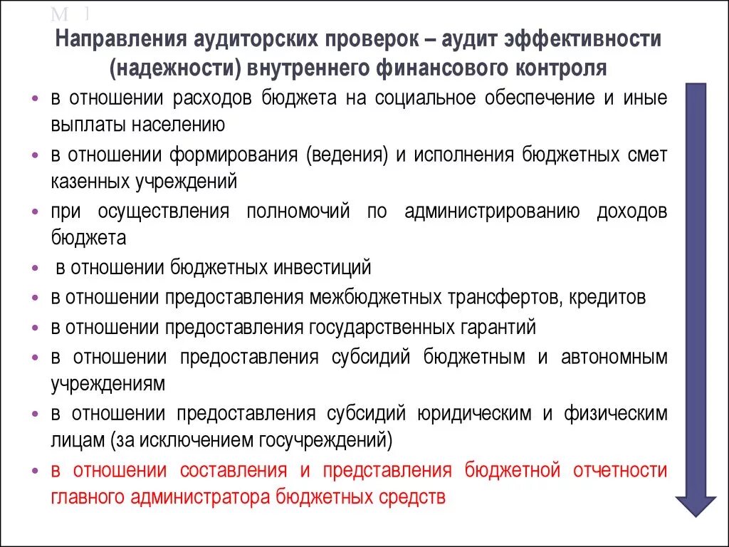 Проверка государственных бюджетных учреждений. Аудит эффективности в системе государственного финансового контроля. Направление аудиторской проверки. Мероприятия аудиторской проверки. Темы внутреннего аудита.