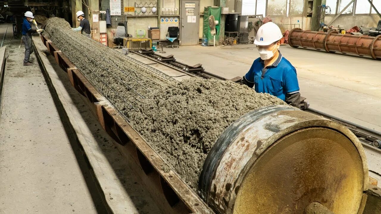 Concrete strength. High-strength Concrete. Concrete Manufacturing Board. Process of making Ultra-High-strength Concrete pile. Korean no.1 PHC pile Factory. Building piling process.