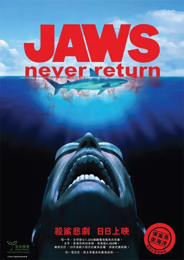 Плакат для защиты акул. Never Return. Shark return