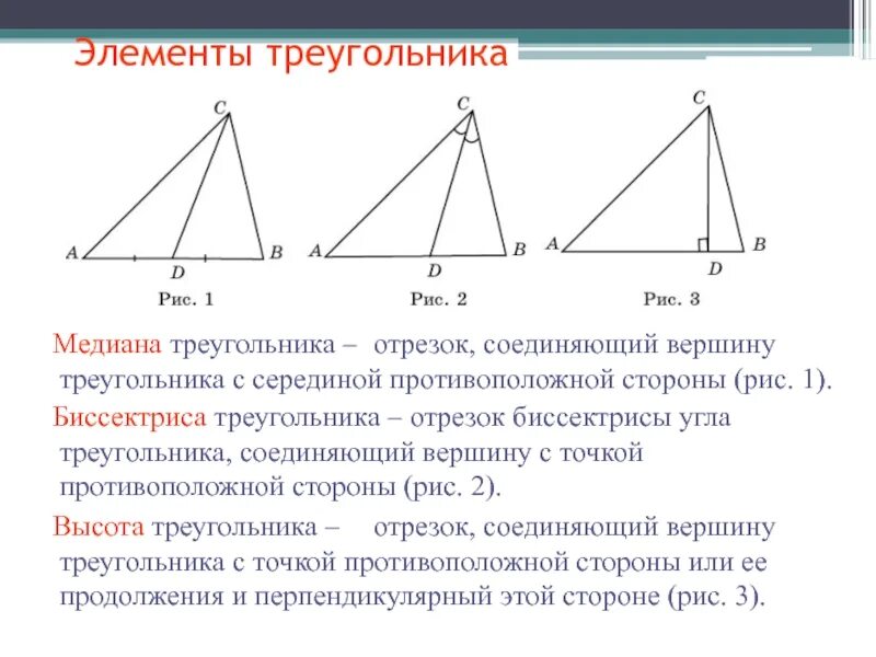 Указать элементы треугольника. Медиана остроугольного треугольника чертеж. Медиана биссектриса и высота треугольника 7 класс. Элементы треугольника биссектриса высота Медиана средняя линия. Треугольник и его элементы.