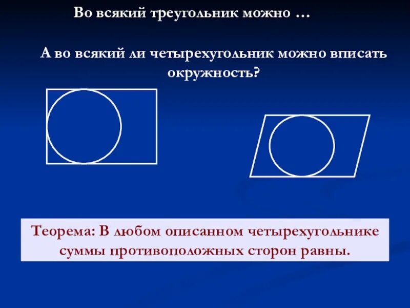 В любом описанном суммы противоположных сторон. Если в четырехугольник можно вписать окружность то. Если четырехугольник вписан в окружность. Условия вписанного четырехугольника в окружность. Центр вписанной окружности в четырехугольник.