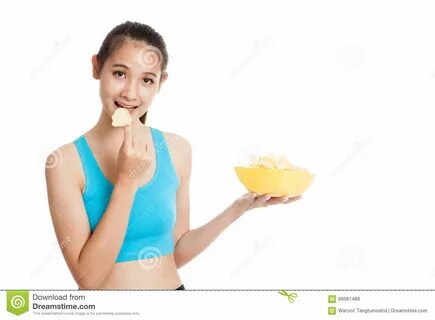 Beautiful Asian Healthy Girl Eat Potato Chips Stock Image - Image of chips,...