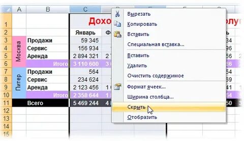 Как сделать столбец в экселе скрытым