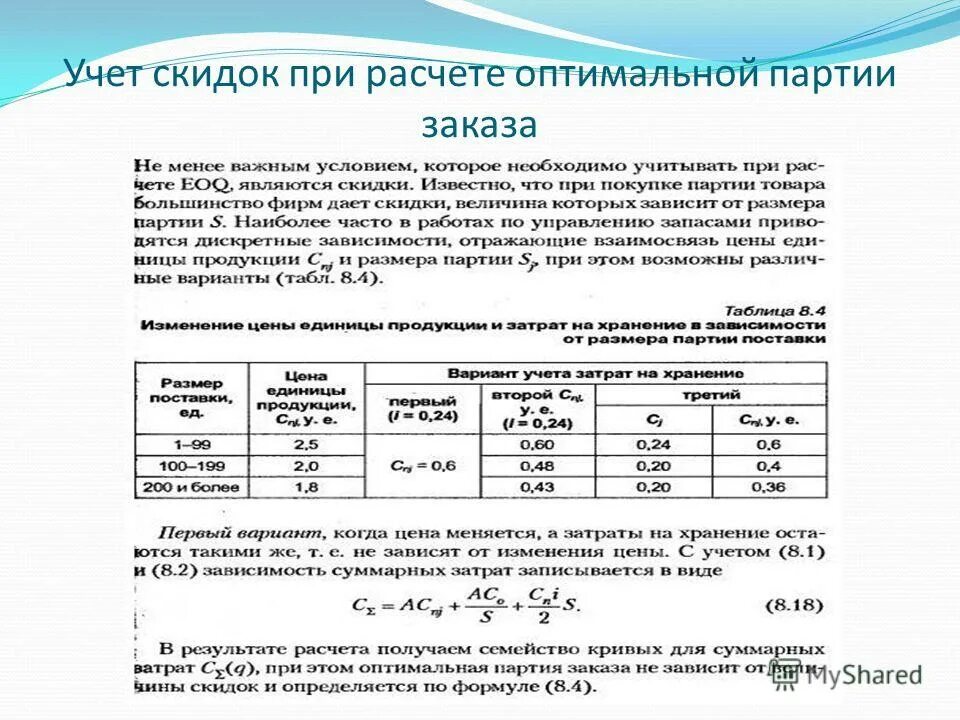 Расчет оптимальной партии заказа. Расчет оптимальной партии заказа