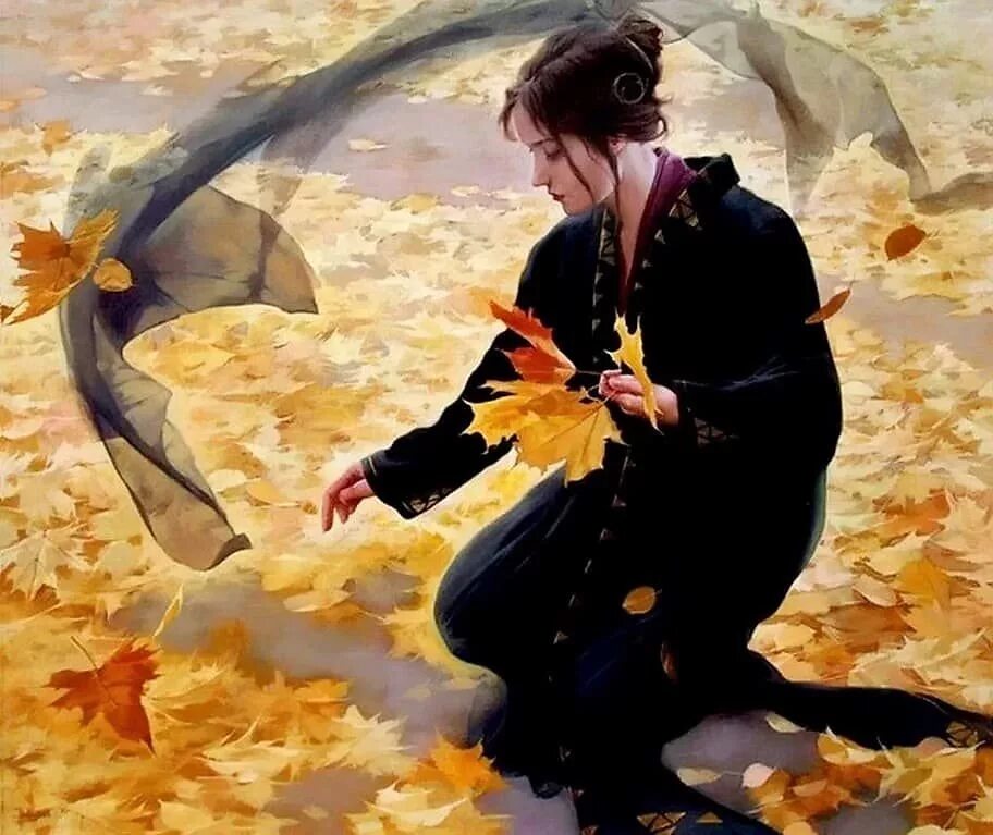Женщина в листве в живописи. Осенние раздумья. Лирическое искусство