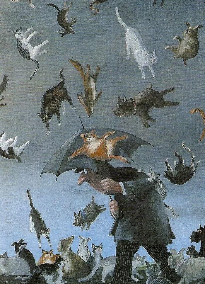 It s raining cats. Художник Герхард глюк картины. Дождь из котов. Дождь из кошек и собак. Дождь из собак.