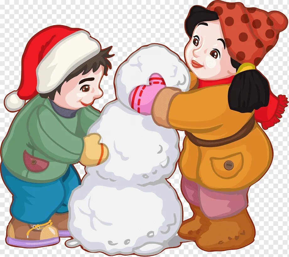Лепить снеговика зимой. Дети лепят снеговика. Зимние забавы на прозрачном фоне. Мальчик и девочка лепят снеговика. Дети лепят снеговика на белом фоне.