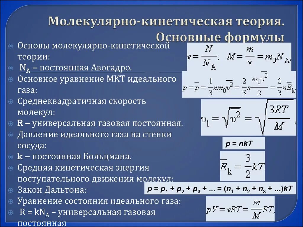 Формулы молярной физики. Основы уравнения молекулярно-кинетической теории. Формула плотности молекулярная физика. Уравнение молекулярно-кинетической теории идеального газа. Основы молекулярно-кинетической теории (МКТ)..