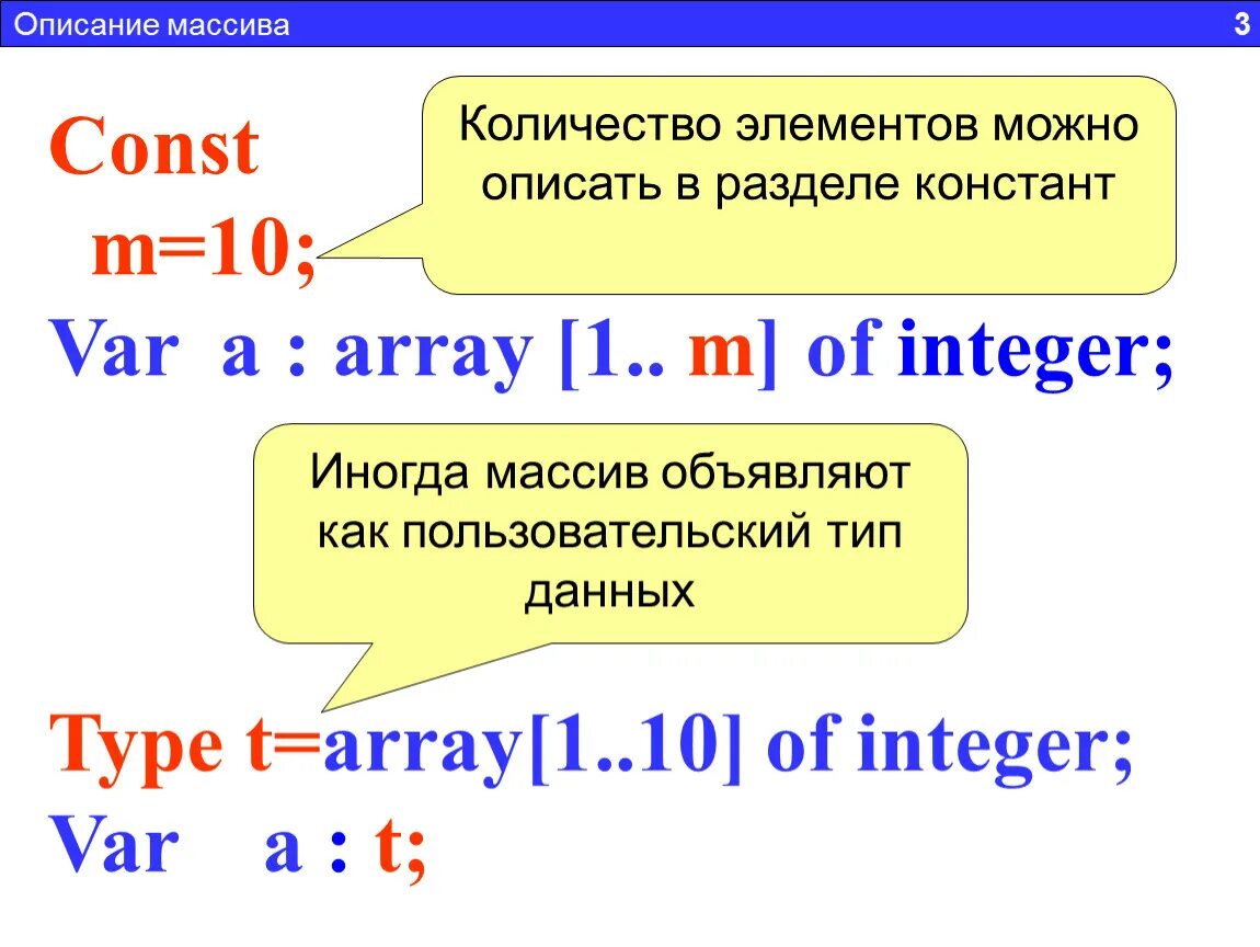 Описать массив 10 элементов. Описание массива. Описание массива в Паскале. Массив в информатике. Массив в разделе const.