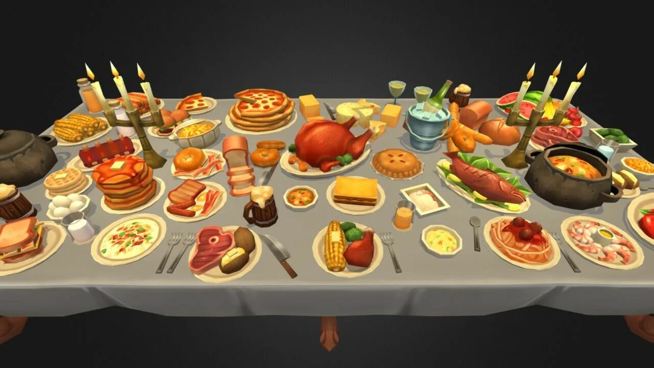 Еда 2 д. 3d модель блюда. стол с едой 3д модель. 3д модели продуктов. low poly еда.