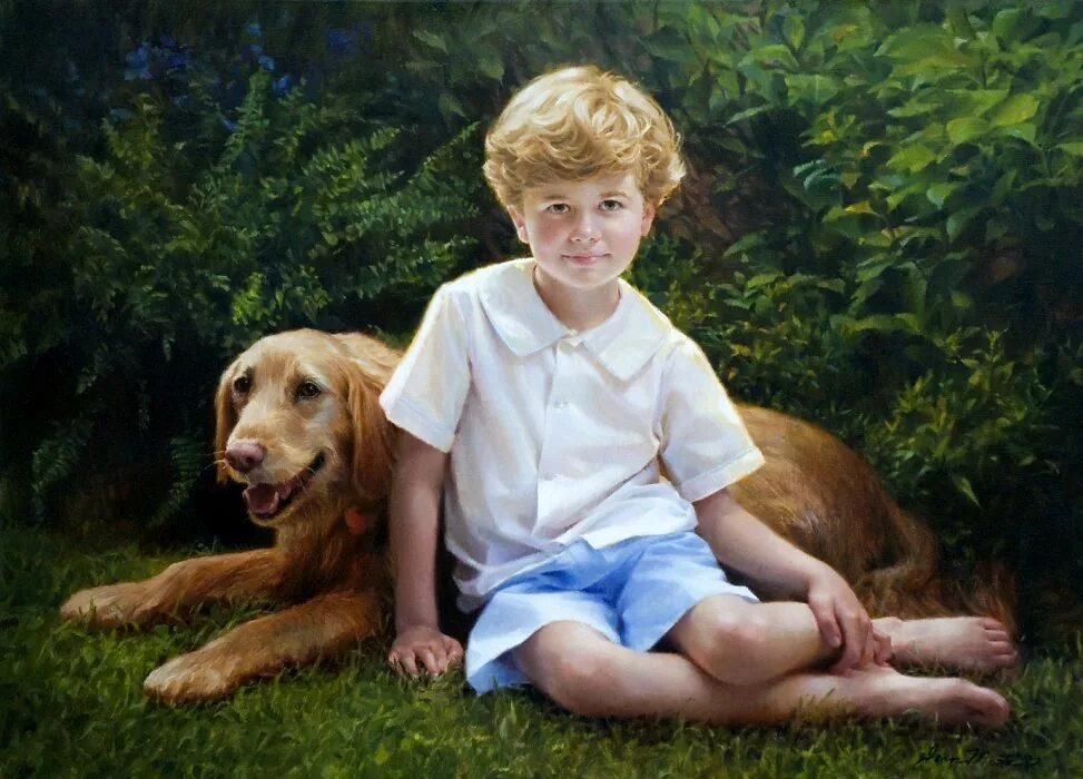 Джейн Монти художник. Jean Monti художник. Картина мальчик с собакой.