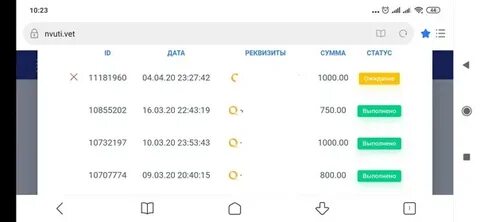 Статус в обработке