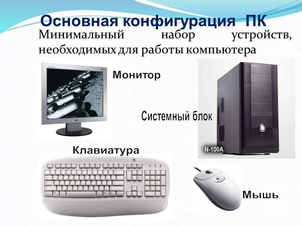 Какие устройства надо. Компьютерные устройства. Системный блок монитор клавиатура мышь. Устройство персонального компьютера. Базовая конфигурация персонального компьютера.