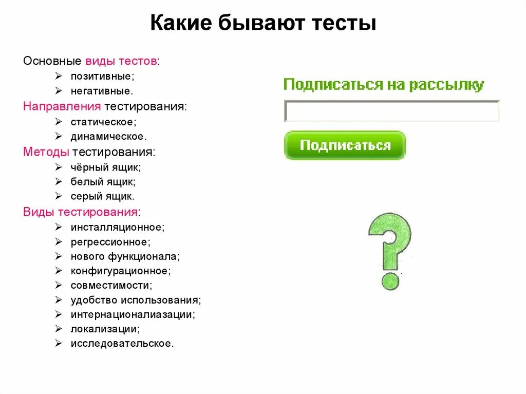 Какие бывают тестл. Какие бывают Теслы. Какие бывают тесты. Какие существуют разновидности тестирования?.