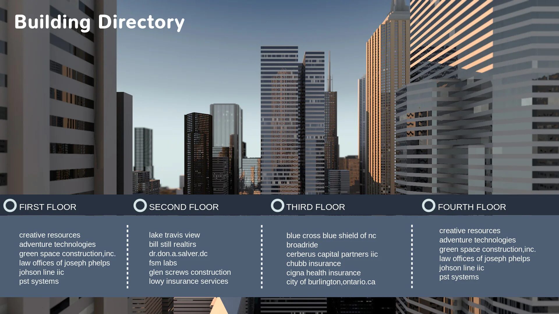 Building Directory. Спейс Констракшн. Жилые дома на мировом уровне Creative ad. Cerberus Capital Management.