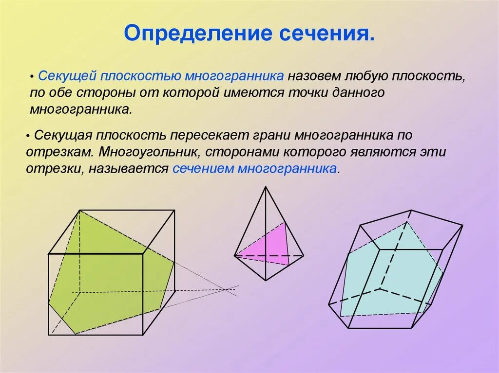 Какой фигурой является сечение плоскостью. Построение сечения многогранника плоскостью. сечения многогранников и тел вращения. секущая плоскость пересекает грани многогранника по отрезкам. построение сечения октаэдра.