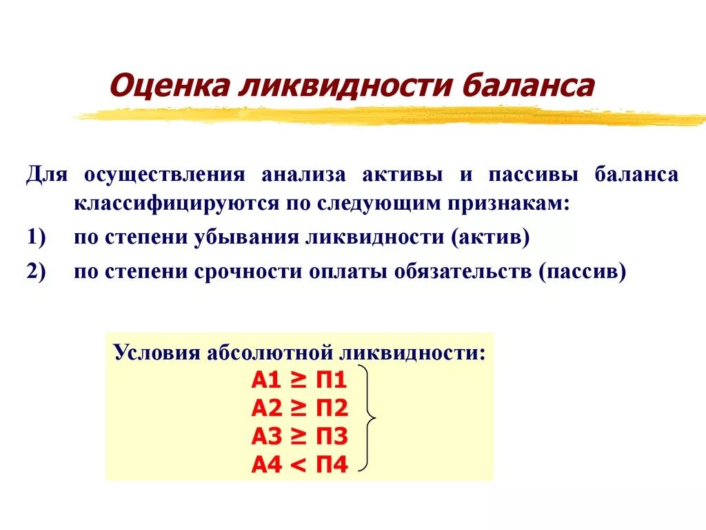 Анализ ликвидности активов баланса. Оценка ликвидности баланса. Неравенства ликвидности баланса. Условия ликвидности. Условия абсолютной ликвидности.