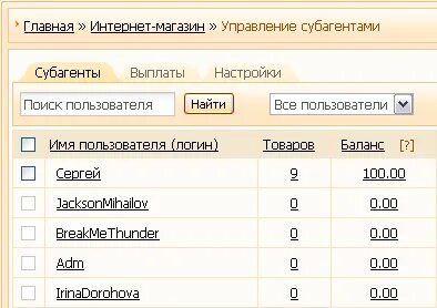 Пользователи баланса