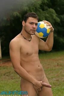 Gay soccer player strips fully naked & jerks his erect dick on the fiel...
