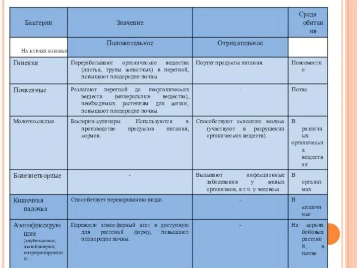 Заполните таблицу значение бактерий Урок биологии в 5 классе по теме: "Бактерии: путешествие в микромир"