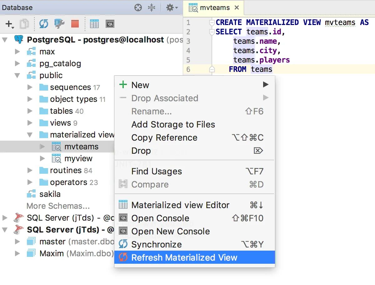 Materialized postgresql. Postgresql комментарии. create view. create view postgresql. datagrip.