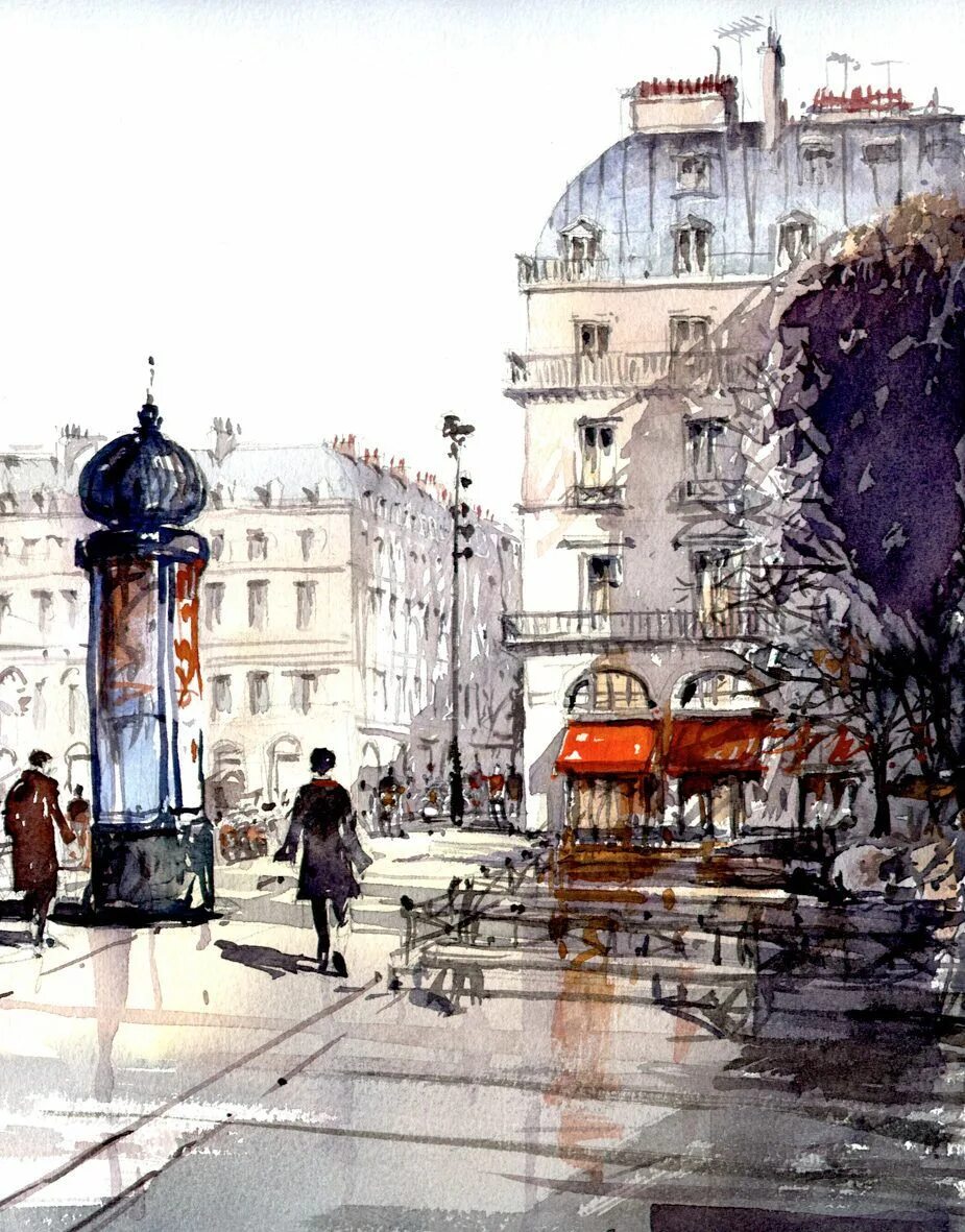 Улица акварельная. Улочки Парижа акварель. Картина улица в Париже. Акварельный городской пейзаж.