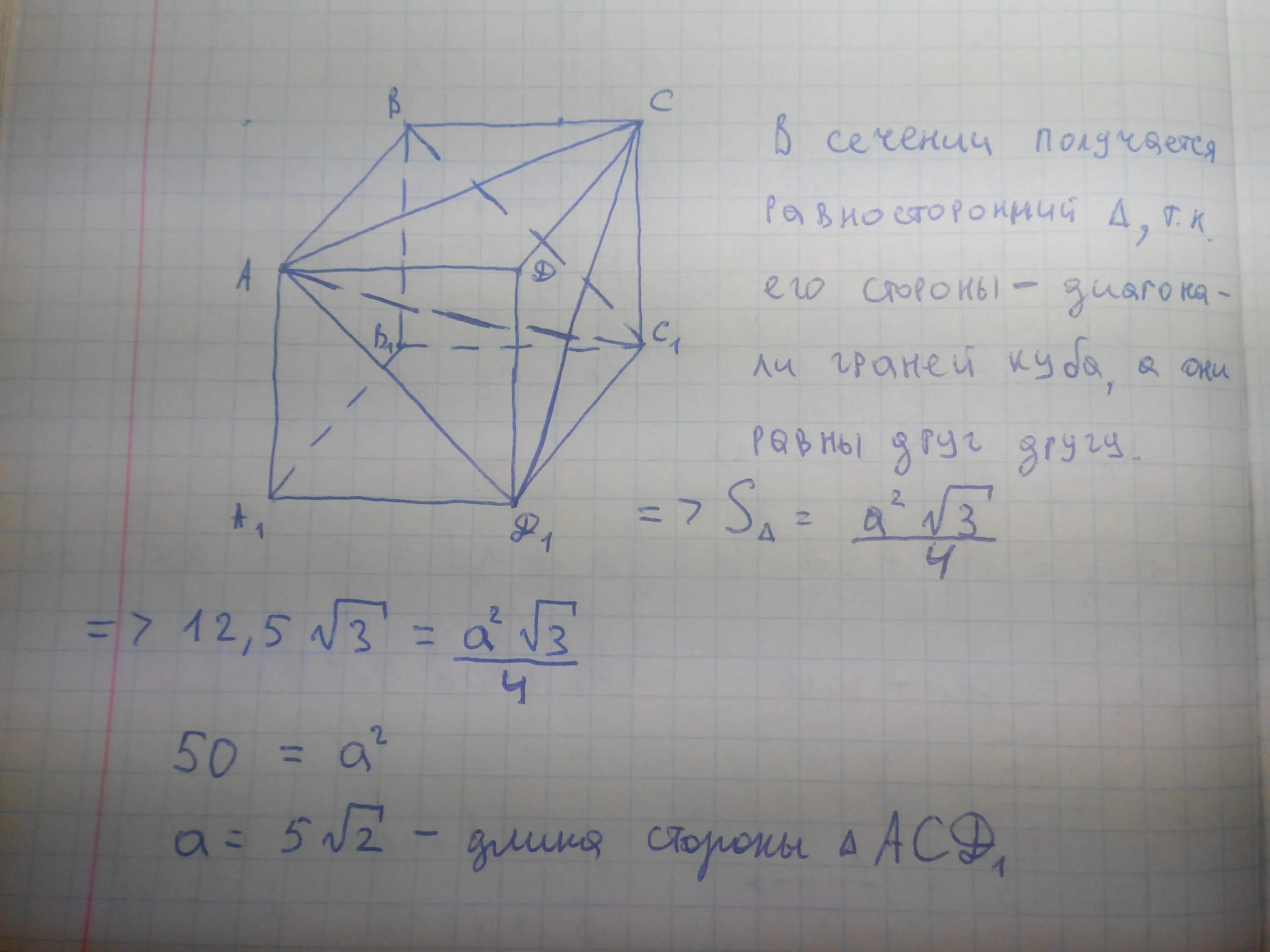 Куб корень из 5. Площадь сечения Куба abcda1b1c1d1. Сечение Куба через диагонали. Площадь сечения Куба abcda1b1c1d1 плоскостью acd1 равна 12.5 корень из 3. Диагональ Куба перпендикулярна плоскости сечения.