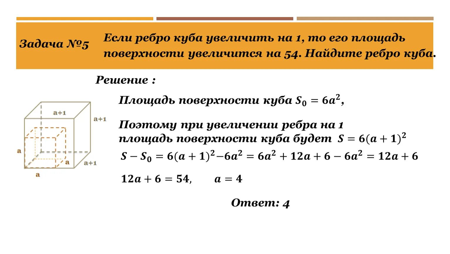 Найдите площадь поверхности куба с ребром 5