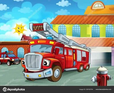 Мультфильм пожарная машина выезжает из пожарной станции в действие - различ...