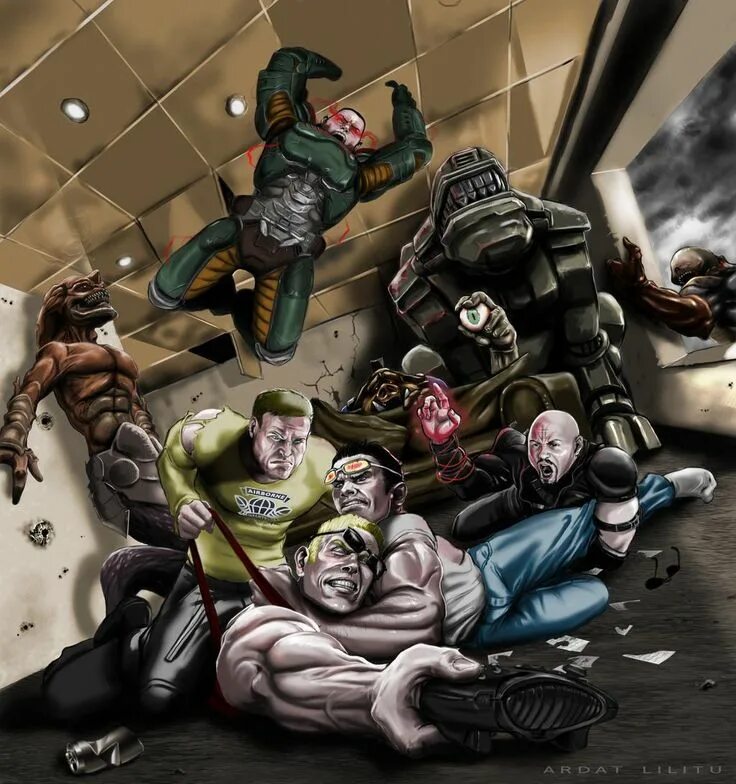 Doom crossover. Дюк нюкем арт. дюк нюкем серьёзный сэм и думгай. ло ванг и дюк нюкем. doomguy and doom slayer crossover.