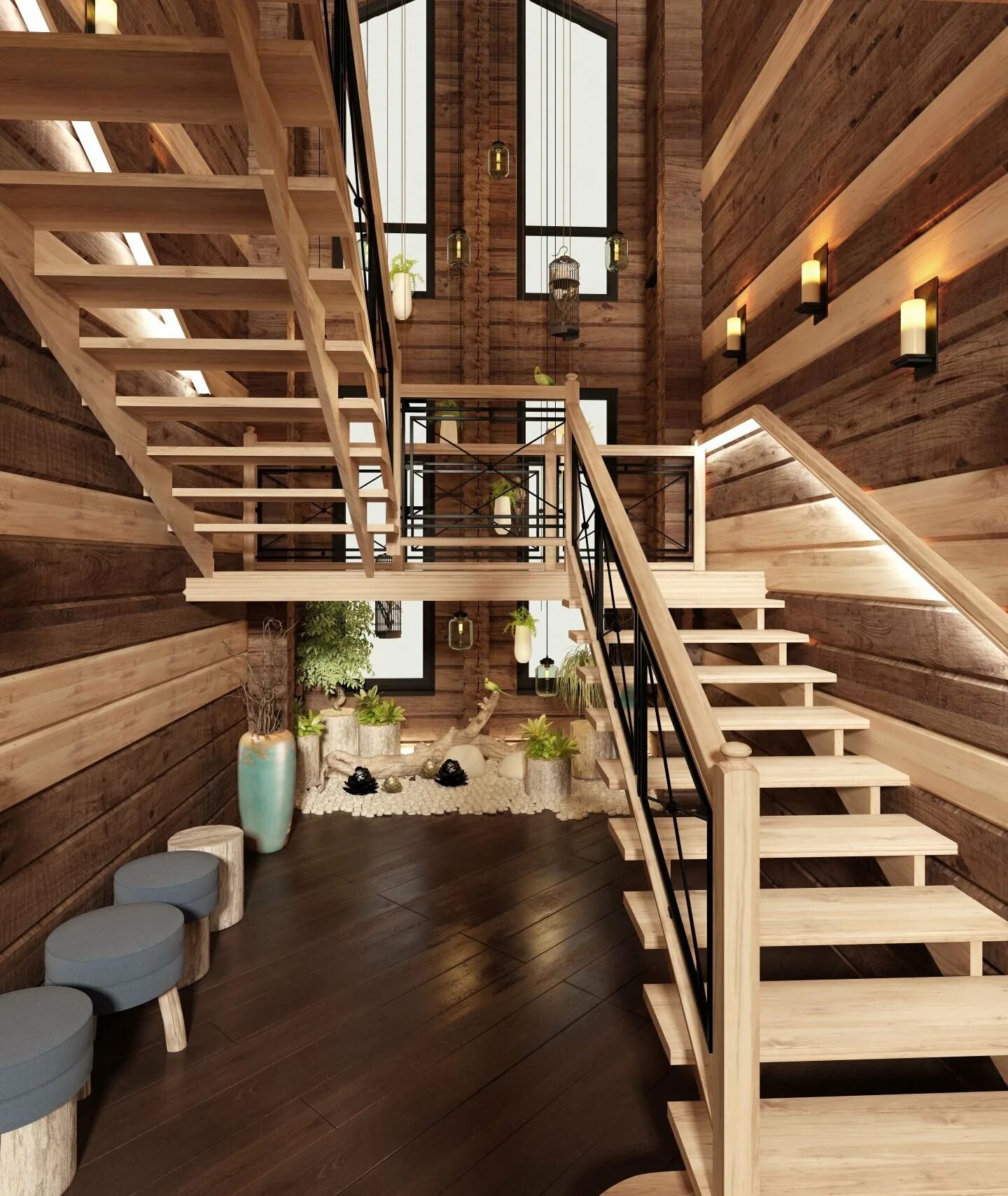 Красивый второй этаж. Лестница в стиле Шале. Деревянный интерьер. Лестница деревянная. Интерьер деревянного дома.