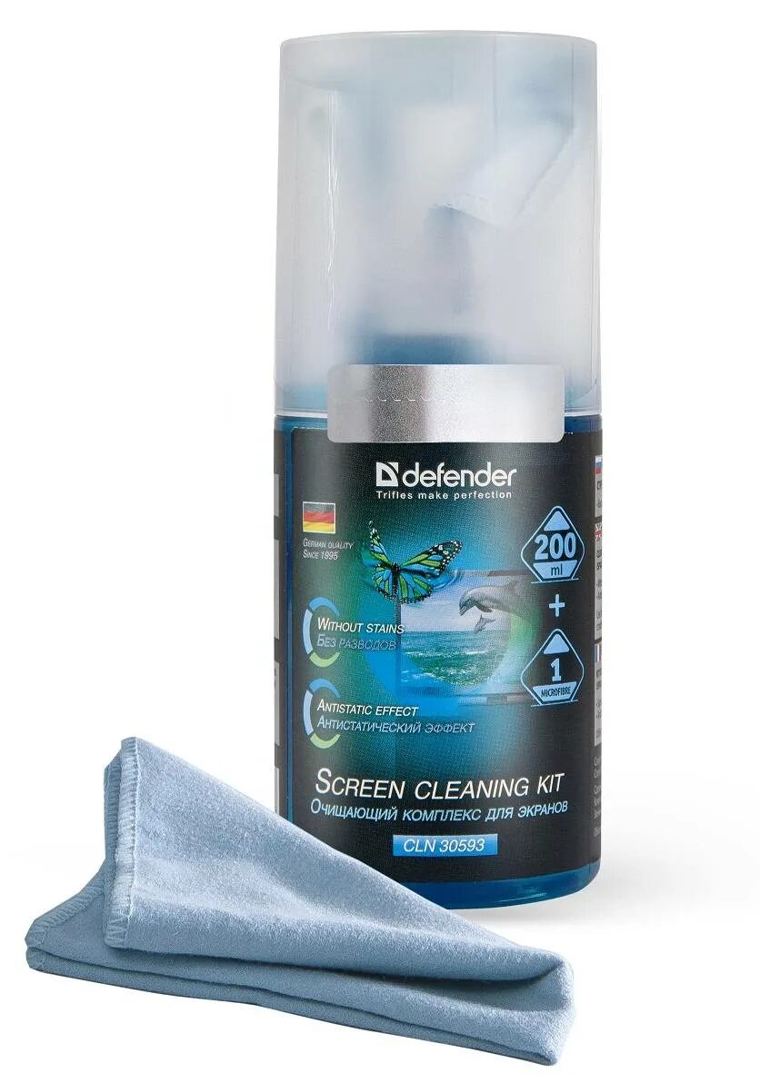 Спрей defender. Очищающий комплекс для всех типов экранов «Cleaning Kit» CLN 30598. Спрей Defender для ЖК cln30593. Спрей-очиститель Defender для экранов (200 мл. +1 Салфетка) (cln30598) (1/12). Комплект очищающий Defender cln30598.