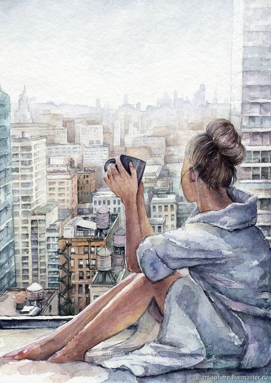 Каждый день наслаждаюсь рисунком окон. Девушка в городе живопись. Она девушка. Девушка у окна картина. Современные иллюстрации.