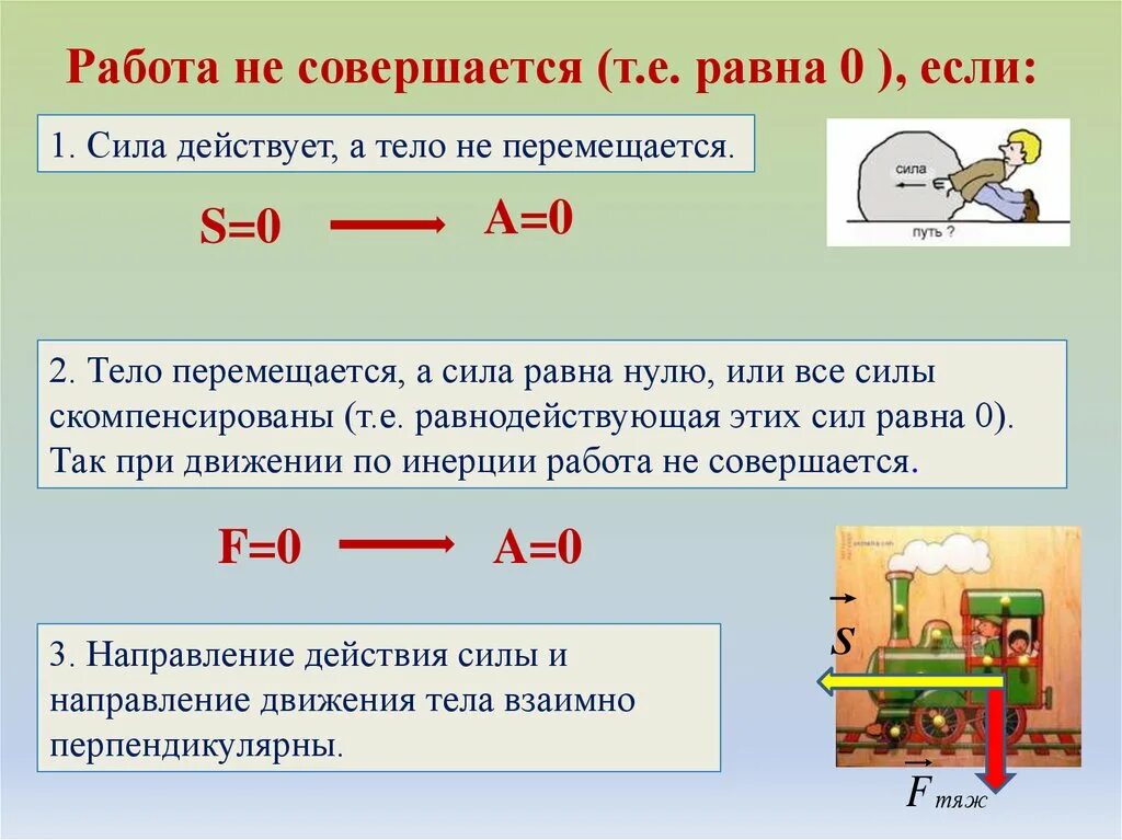 В каком случае совершается работа физика. В каких случаях механическая работа равна 0. Когда механическая работа равна нулю. Работа равна нулю если. Работа силы равна нулю.