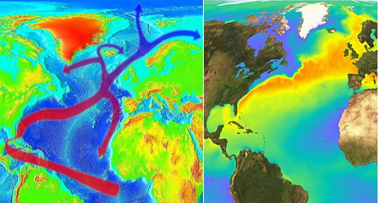 Океанические течения влияют на. Течения мирового океана Гольфстрим. Гольфстрим на тепловой карте. Атлантика течение Гольфстрим. Гольфстрим на карте мирового океана.