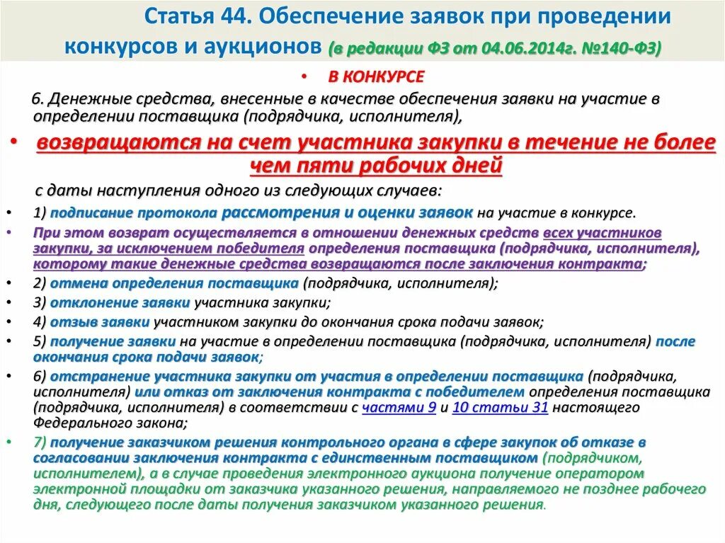 Причина отмены закупки. Предложение участника закупки. Договор 44 ФЗ. Обеспечение заявки и обеспечение контракта.