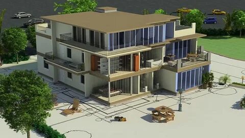 3D architectural rendering of a modern multi-story residential building with large glass windows, balconies, and outdoor seating areas, surrounded by greenery and situated in an urban environment.