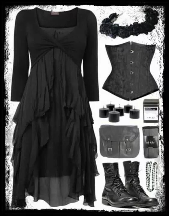 Аутфит Готика. Платье в стиле рок. Черное платье в рокерском стиле. Черные вещи. Луки для готов