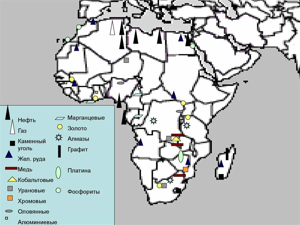 Нефть в каких странах африки. Африка месторождения полезных ископаемых карта. Месторождения полезных ископаемых Африки на контурной карте. Минеральные ресурсы Африки карта. Полезные ископаемые Африки на карте.