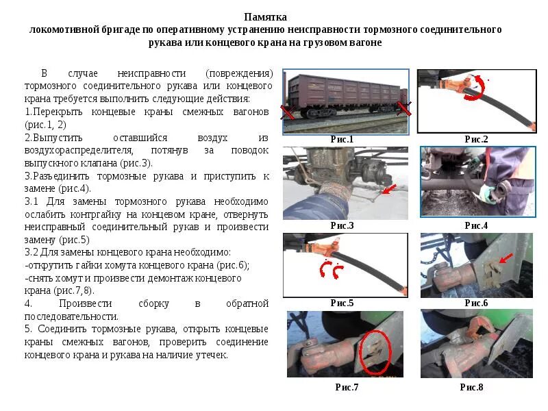 Неисправности соединительного рукава грузового вагона. Неисправное тормозное оборудование на грузовых вагонах. Крепление концевого крана грузового вагона. Неисправность колодка для грузовых вагонов.